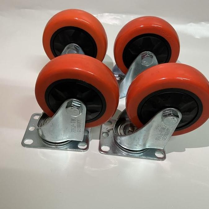 Roda Troli Pu RHJ TW Caster Germany 4 inch 2 Putar, 2 Mati