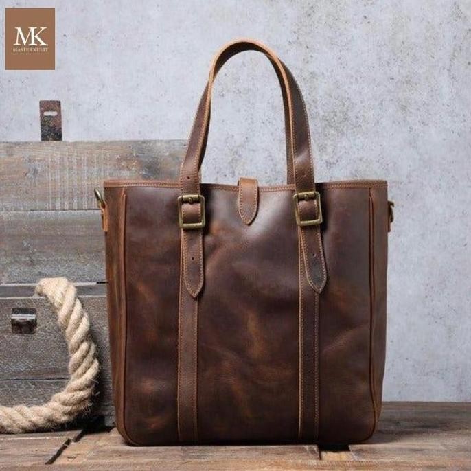 baru LEATHER TOTE BAG PRIA WANITA FULL KULIT CREZY HORSE VINTAGE TAS TOTE TAS SLEMPANG TAS JINJING M