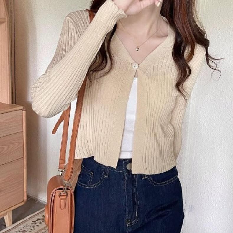 Quality Yolla Knitted Crop Manja Cardy Cute Sweater Rajut Wanita Cardigan Lengan Panjang Atasan Kore