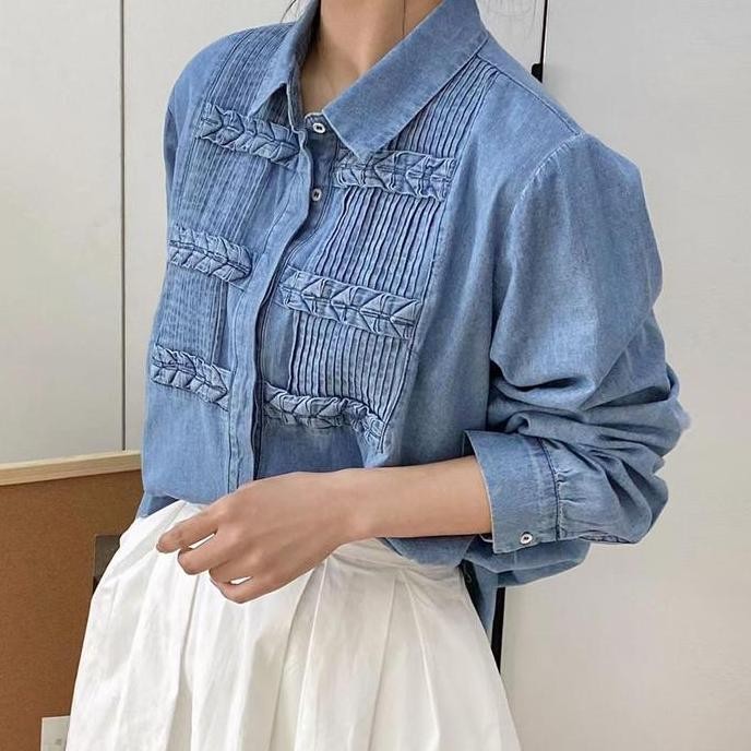 BLUS KEMEJA WANITA SOFT JEANS OVERSIZE DADA PLEATS PRISKET KOREA IMPORT HI8]