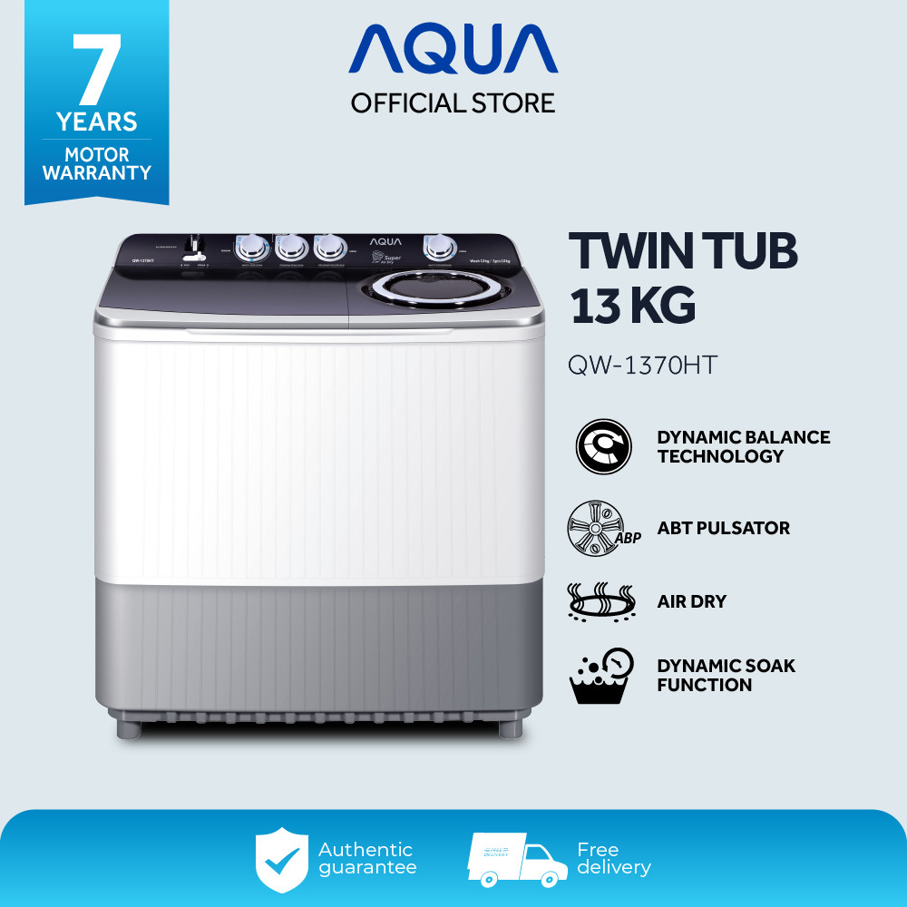 AQUA Elektronik Mesin Cuci Twin Tube 13 Kg QW-1370HT - Dynamic Balance Technology - ABT Pulsator - A
