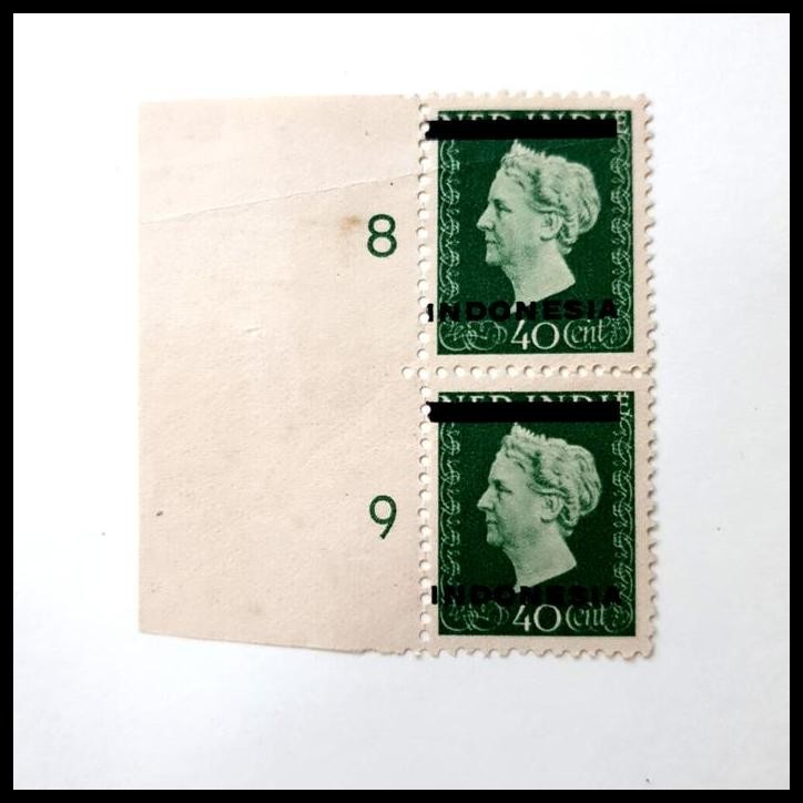 

TERBARU PRANGKO INDONESIA I-1 1949. C.T. INDONESIA DAN GARIS DI ATAS PRANGKO RATU WILHELMINA. 40 SEN, VERTICAL PAIR DENGAN SHEET MARGIN. VARIASI, CETAK TINDIH BERGESER !!!
