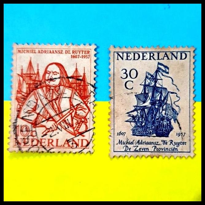 

DISKON PRANGKO BELANDA/NEDERLAND 1957. LAKSAMANA M.A. DE RUYTER (BEELTENIS VAN ADMIRAL M.A. DE RUYTER ADMIRAALSCHIP DE ZEVEN PROVINCIN) SET (2V) USED