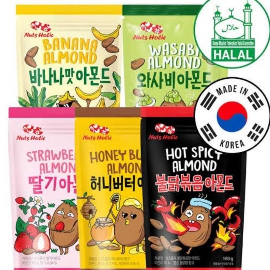 

Nuts Holic Korean Almond Halal 180G Honey Butter Strawberry Banana Wasabi Kimchi Hot Spicy Chien