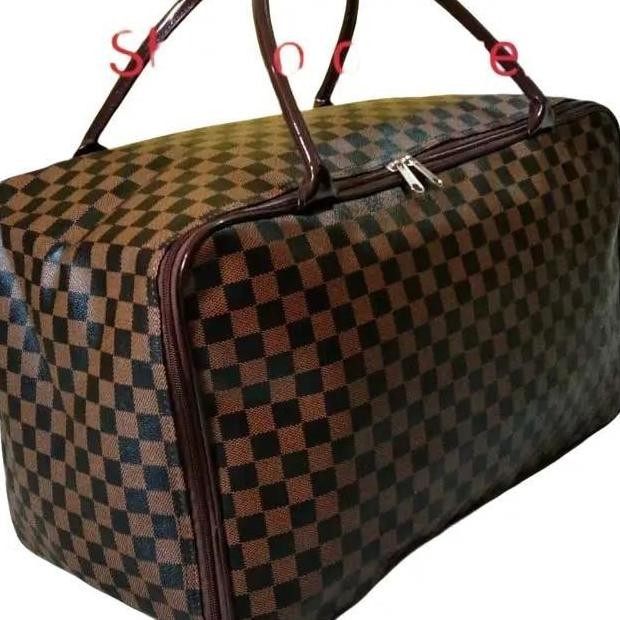 Travel Bag Jumbo catur coklat Kulit Wanita Kulit PU Tas Lipat Kanvas Duffel/Weekender Mudik Bisa Cod