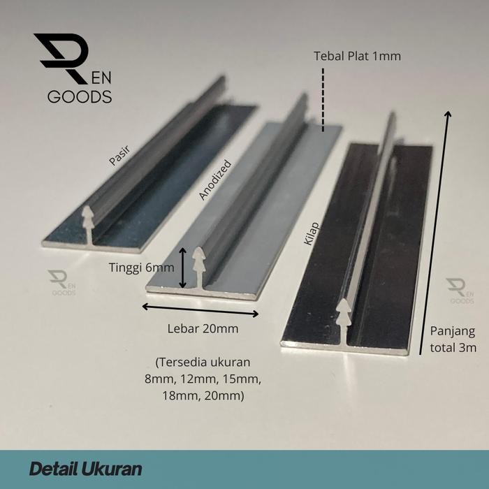 LIST LIS T PENUTUP CELAH FRAME EDGING ALUMUNIUM VARIASI 20 15 12 8 MM