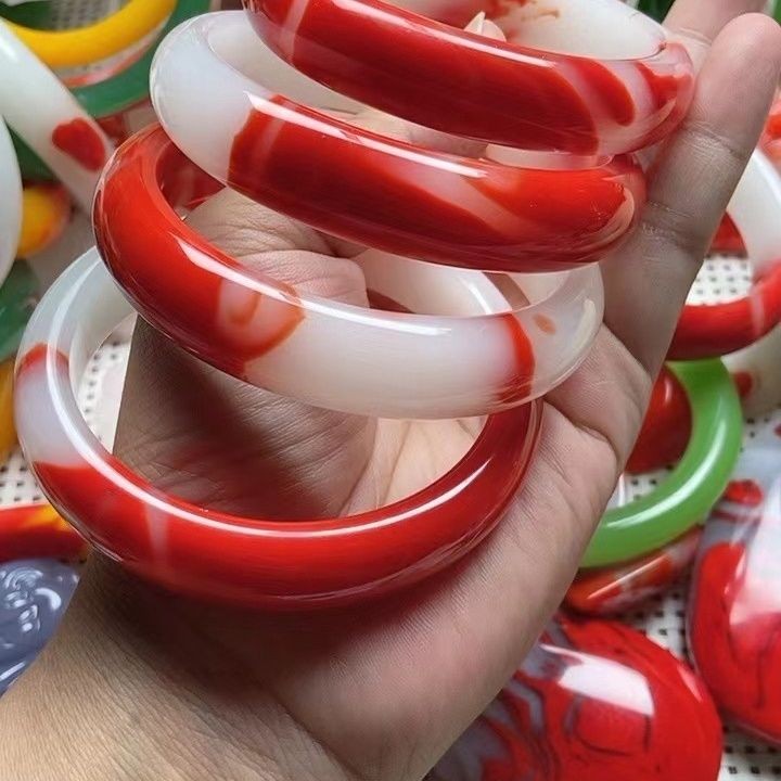 Gelang Giok Alami Mentah Batu Darah Ayam Sutra Emas Hetian