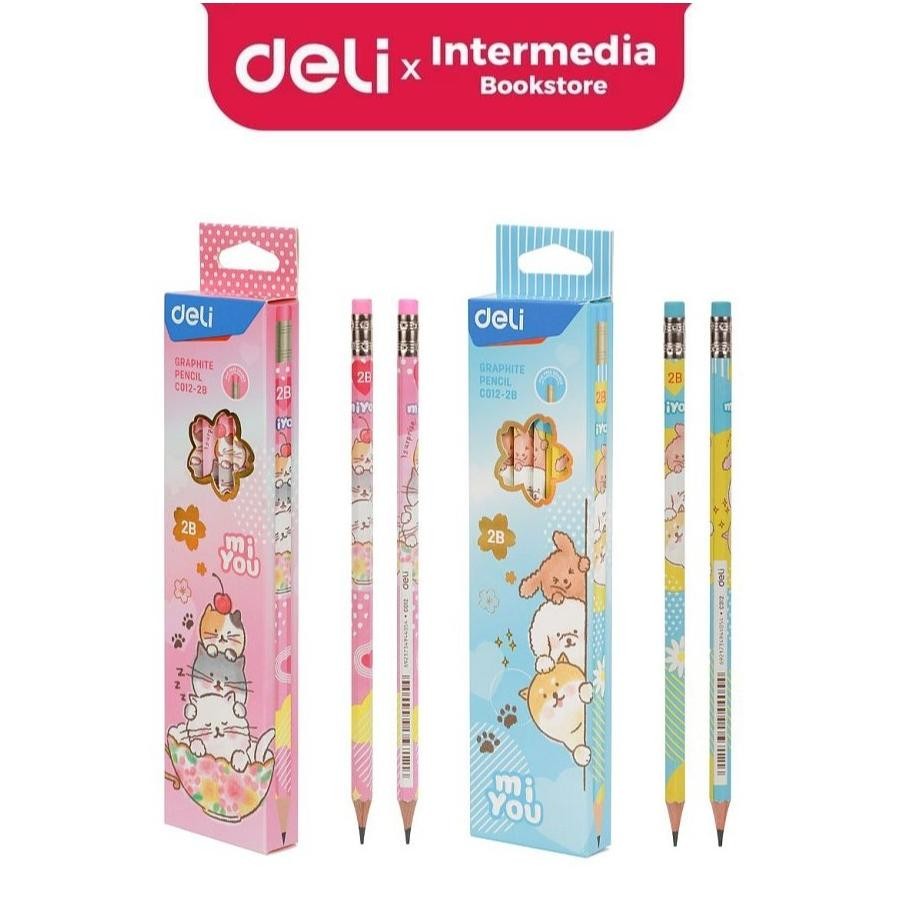 

Deli EC012-2B Graphite Pencil / Pensil Kayu 2B Isi 12pcs/Pack dengan Penghapus Desain Miyou DiM