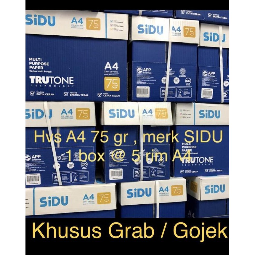 

TERMURAH - Hvs A4 75 gr merk SIDU "SINAR DUNIA" ( box ) KHUSUS GRAB / GOJEK