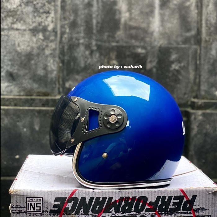 Helm Vespa Biru Gloss List Chrome + Visor Italy Original Dan Terpercaya