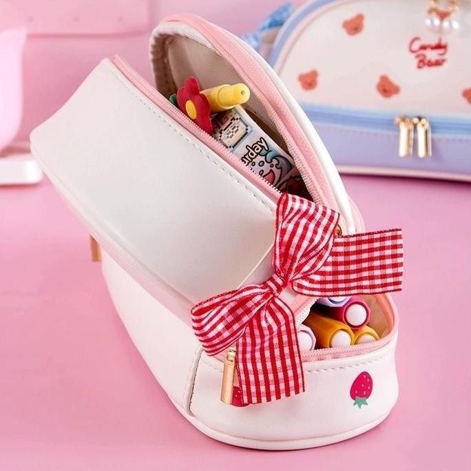

Large Capacity Pencil Case For Girls Kawaii Ins Style Double-Layer Pu Waterproof Back To School Supplies Stationery Storage Bag Blue Pink Purple Red New Stok