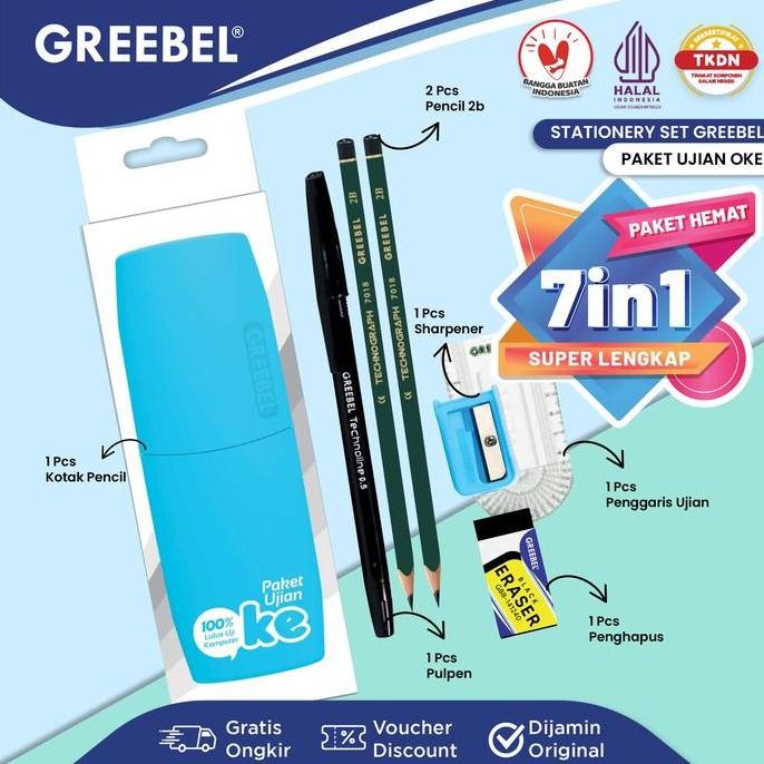 

GREEBEL 7 in 1 Paket Ujian ATK Stationary Pensil Penghapus Serutan Penggaris