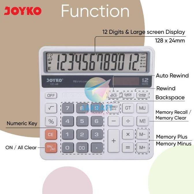 

(1 Unit) Kalkulator Joyko Cc-68 Calculator 12 Digit Ratusan Miliar Big Display Dual Power Correct & Check New Stok