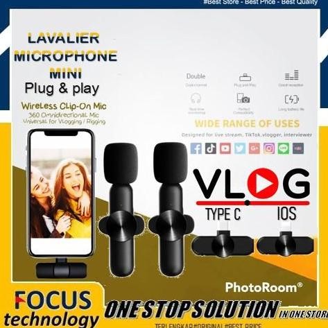Mic Lavalier Wireless Clip On HP Youtuber Vlog Portable Type C & Lightning