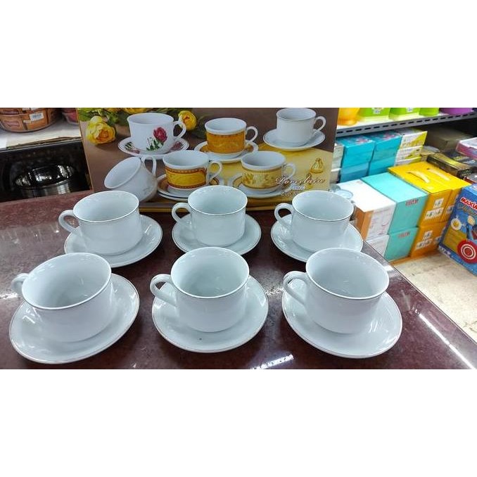 BEBAS ONGKIR - Cangkir Set Porcelain JM Putih list Emas