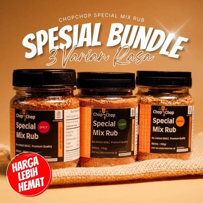 

SPkebab X Chopchop Paket Bundle Chop Chop Rub Kombinasi dengan 3 Varian - Ori, Curry, Spicy Bumbu Marinasi Rendah Kalori Bumbu Marinasi Kari , Bumbu Marinasi Original , Bumbu Marinasi Pedas TX