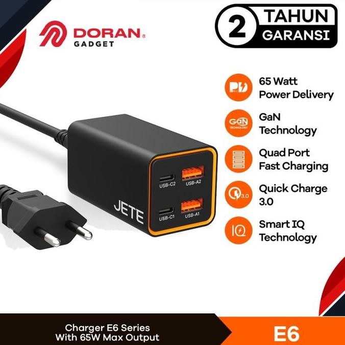 Adapter Fast Charger JETE E6 GaN 65W + 4 Port (Dual USB & Dual TypeC)