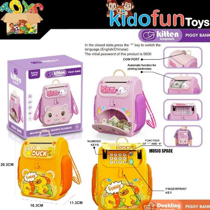 Celengan Sidik Jari Mainan Tas Ransel ATM Anak Kitty Cat / Cute Duck / Frozen Piggybank Ada Lampu & 