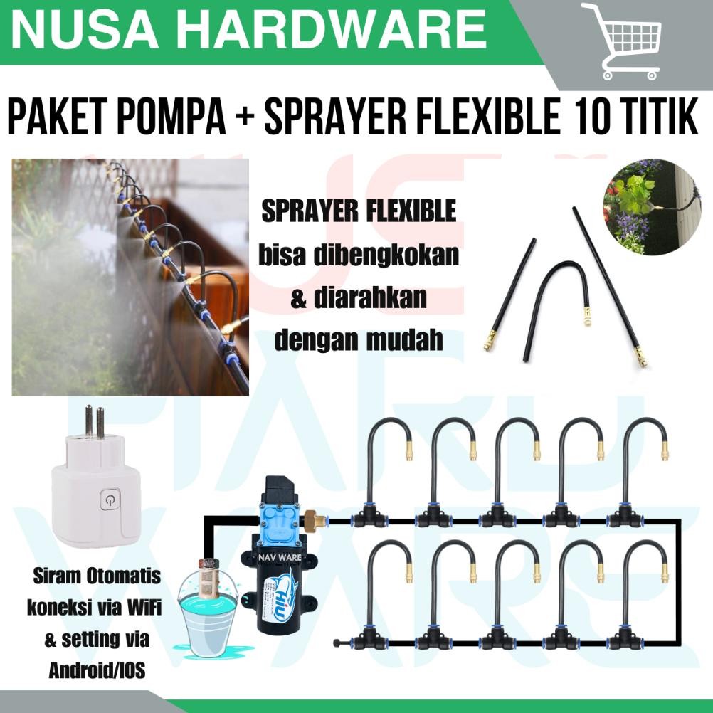 Terlaris Paket Sprayer Flexible Tube 10 Titik Adjustable - Pompa Hiu 100Psi Dc 12V + Smart Timer Wif