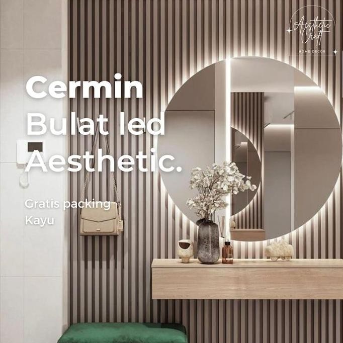 Cermin Kaca LED Bulat Dinding Aesthetic