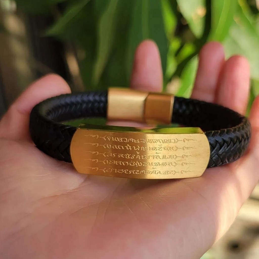 Gelang Amulet Buddha | Ukiran Kitab Suci Dua Sisi，Tali kulit hitam dikepang，Berdoa untuk Perdamaian 