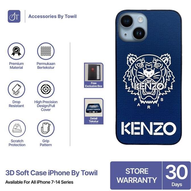 Case iPhone KENZO Blue 3D Flat Edge 14 Pro Max 14Plus 13 Pro Max mini