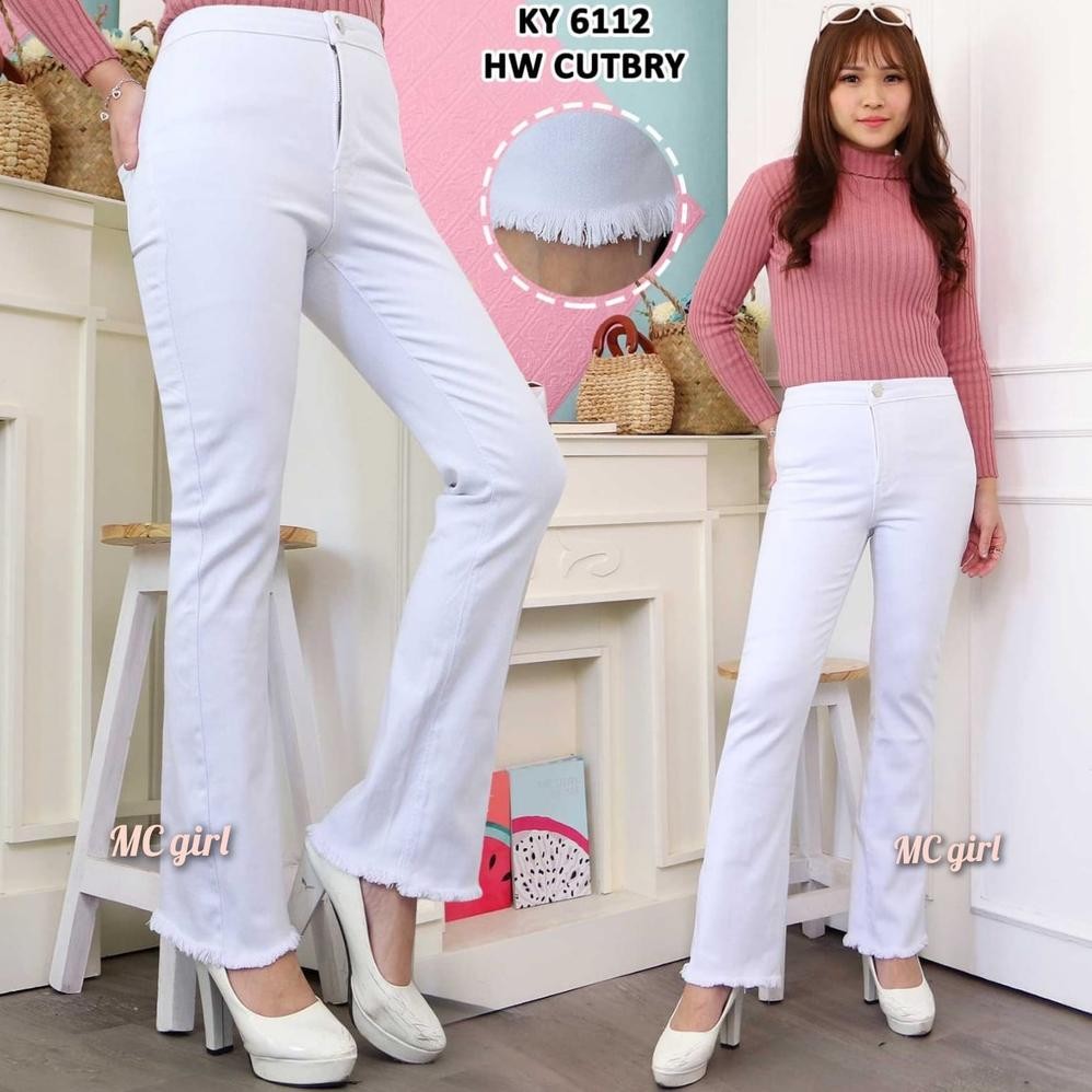 ( Size 27 - 34 ) MC girl - Cutbray High Waist Jeans Rawis Warna Putih Wanita / Celana Jeans Pinggang