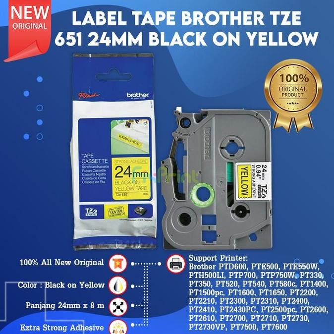 

Label Tape Casette Original Tze-651 Tze651 24Mm Black On Yellow New Stok