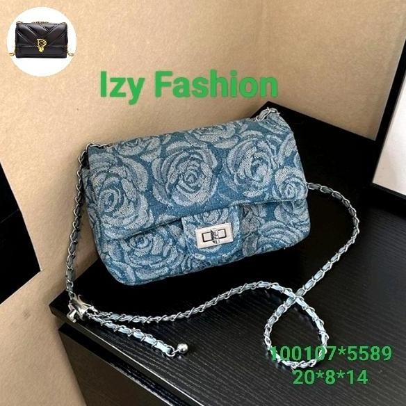 Tas import wanita terbaru, kain denim,motif bunga rose, biru #5589#