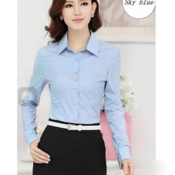 ATASAN KEMEJA WANITA SKY BLUE BIRU MUDA KATUN STRETCH BIRU LANGIT (telor asin) LENGAN PANJANG Baju k