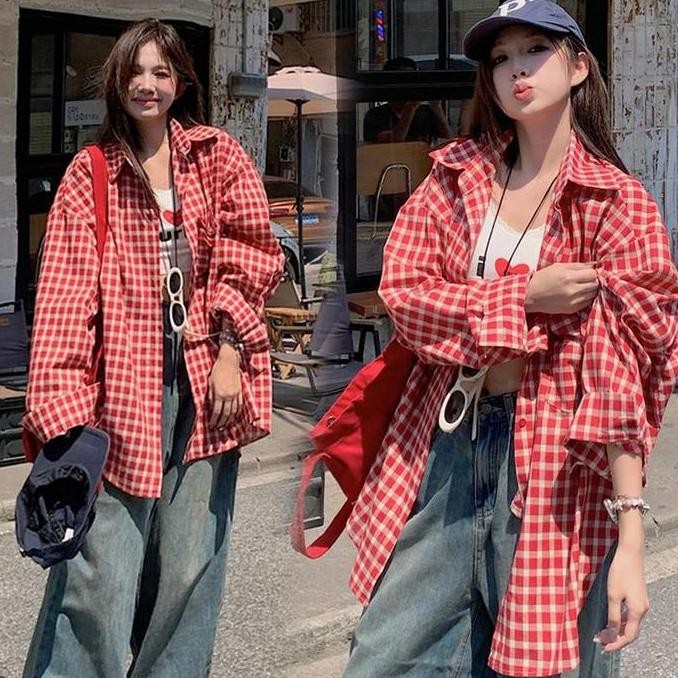 #RapikiStore Kemeja Outer Kotak-Kotak Allsize Merah Retro kemeja Kerah POLO Lengan Panjang Awal Musi