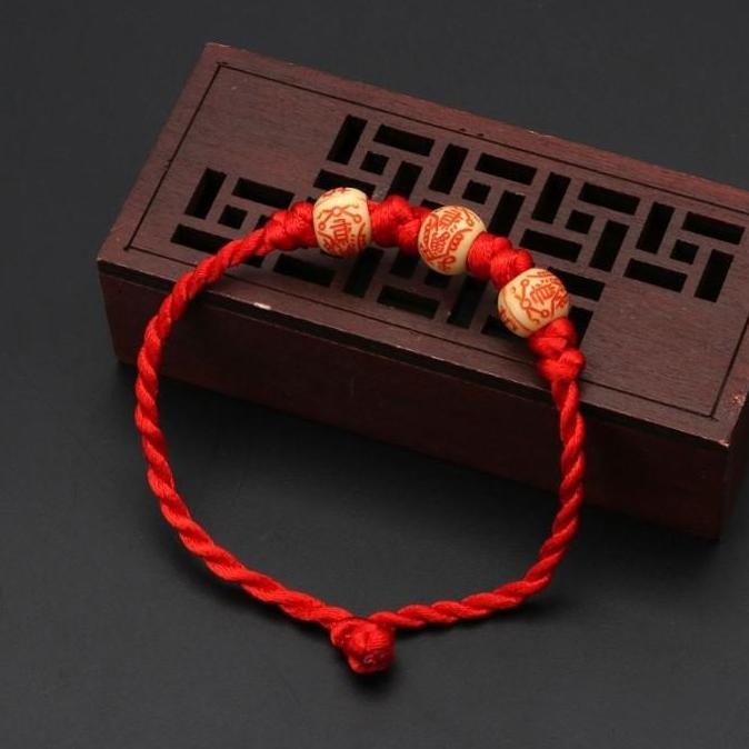 New Collection - Gelang Tali Merah Keberuntungan Kayu Bulat Huruf Mandarin China G235