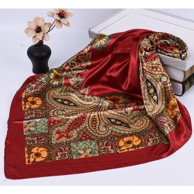 krudung segi empat sutra pola warna persegi 90*90 bermotif bunga Scarf aksesoris wanita syal sutra