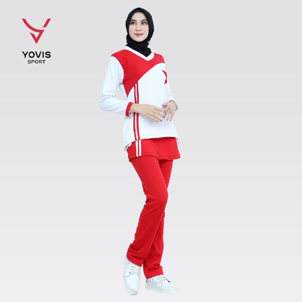 Setelan Bintang senam wanita Yovis Sport / Baju merah putih / Pakaian Olahraga muslimah/Hijab