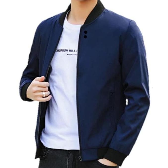 Jaket Bomber Pria Polyester Taslan Hitam Waterproof Distro Keren Casual Size L Jaket  Varsity Cowok 