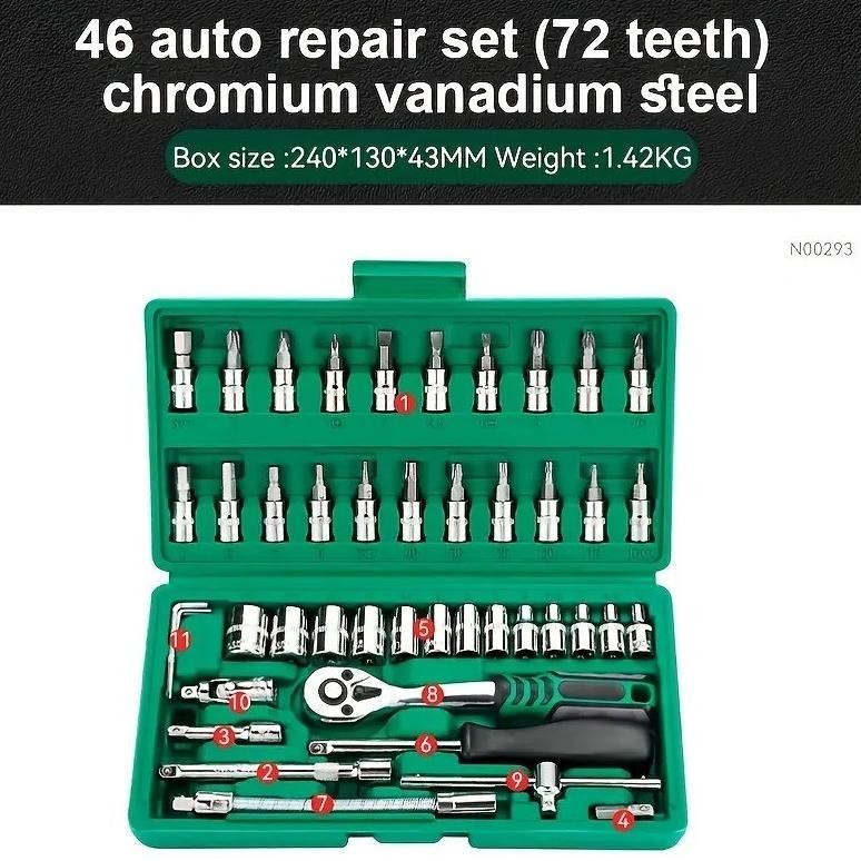TEKIRO Kunci SOK 46 PC Set Socket (1/4 ") Full Lengkap Socket Tool Kit Pas Ring L Motor Mobil Car Re
