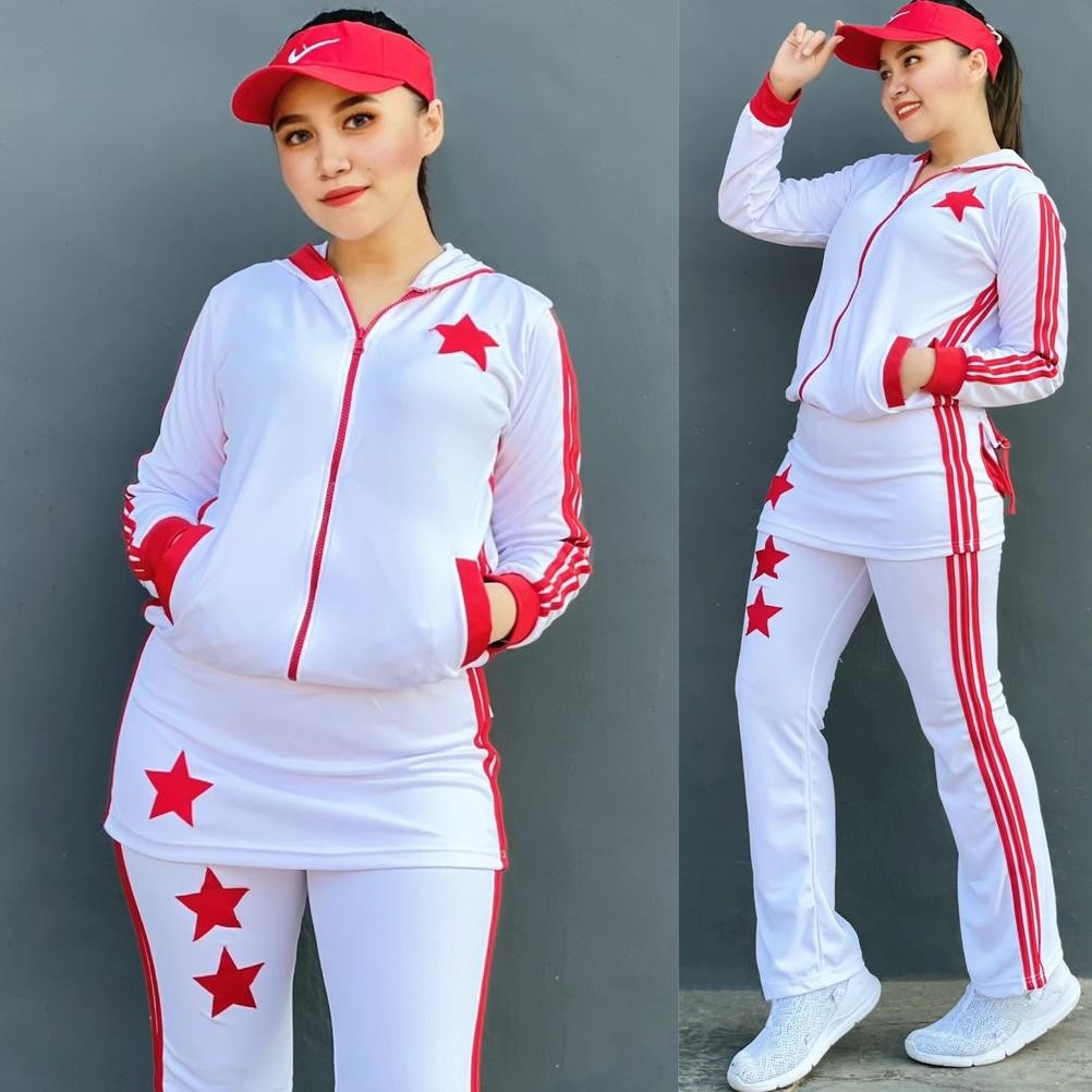 Baju Senam Setelan Lapangan Olahraga Panjang Muslimah Hijab Cycling Rok Putih Merah
