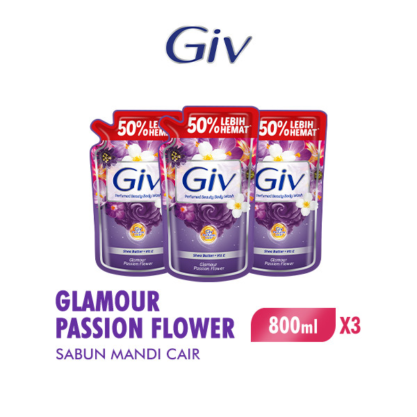 Giv Sabun Mandi Cair Ungu Passion Flowers & Sweet Berry Pouch 800 ml x3