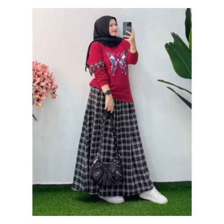 Setelan Rok Kotak Flanel Combed Wanita Kekinian Kupu"// One Set Rok Kotak Flanel // 2 In 1 Set Rok K