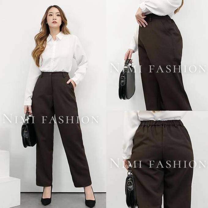 NIMI - Celana Bahan Kerja Wanita Kantoran Pinggang Karet Sisi Belakang