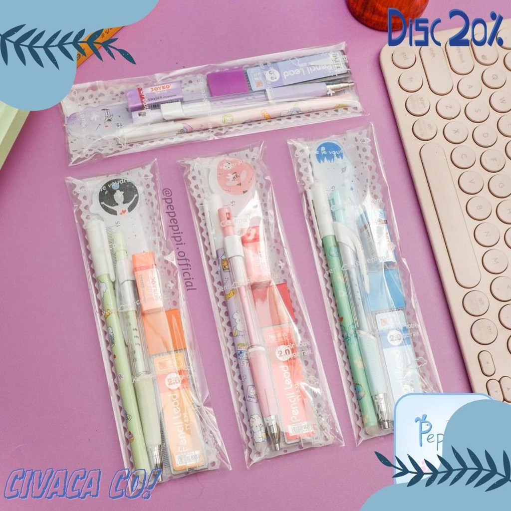 

Set Alat Tulis Mini Versi 2 Paket Alat Tulis Murah Pulpen Pensil Penghapus Penggaris Diskon