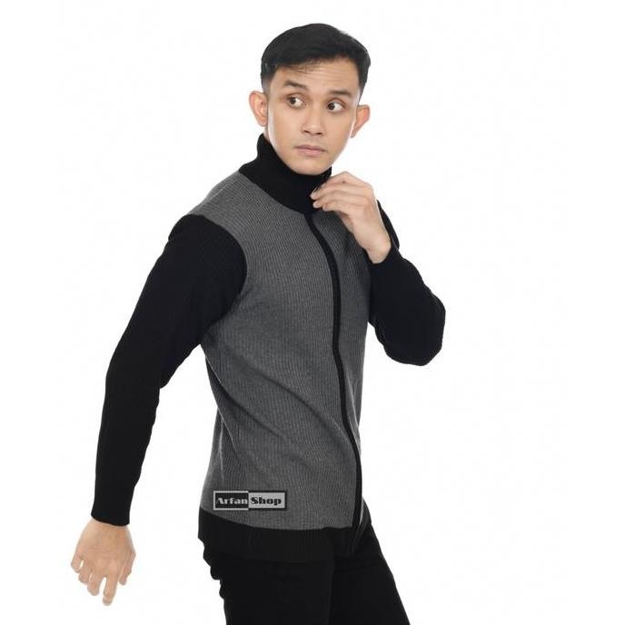 OKS Jaket Rajut Leher Tinggi | Sweater Zipper Turtleneck Pria Tebal | Knitwear Resleting Panjang Cow