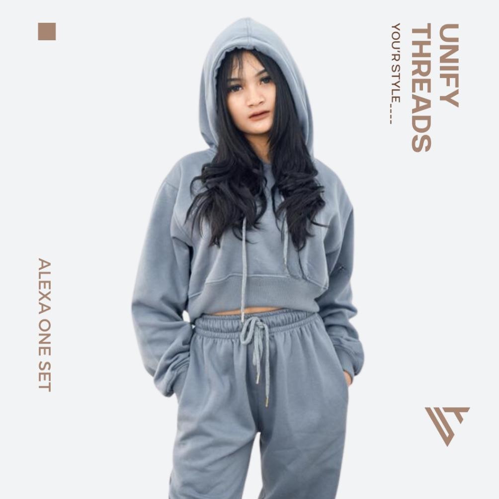Alexa One Set Hoodie Jumper Crop Celana Sweatpants Jogger Panjang Atasan Wanita