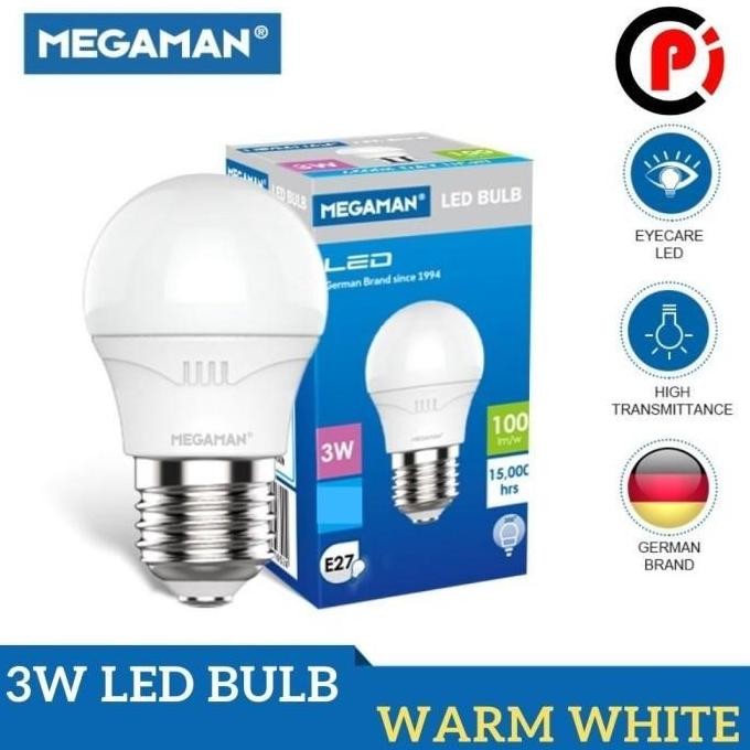 Megaman Bola Lampu 3 Watt 3W Bohlam Led Cahaya Kuning Warm White