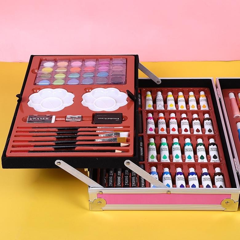 

Ad-532 Ku Crayon Set 145Pcs Koper Aluminium Besi Krayon Pensil Warna 145 Pcs Box Alat Lukis Anak Koper Set Ad-532