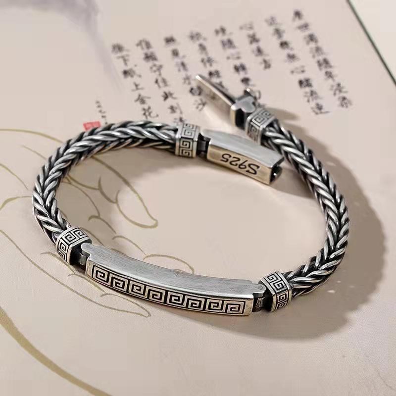 Gelang Tangan Perak Asli 925, Desain Motif Kuno, Aksesori Pria Wanita Fashion