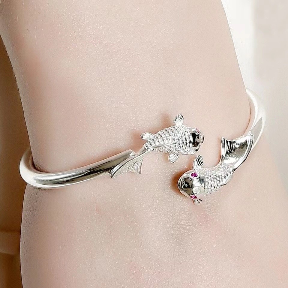 Gelang Perak Asli 999, Model Ikan Koi dengan Batu Merah, Aksesori Wanita Fashion