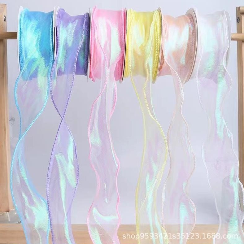 

Hologram Pita Fishtail Ribbon/Organza PREMIUM Korea Wavy/Pita Korea Keriting Kriwil 4CMx9Meter | Comelliacraft Nugi