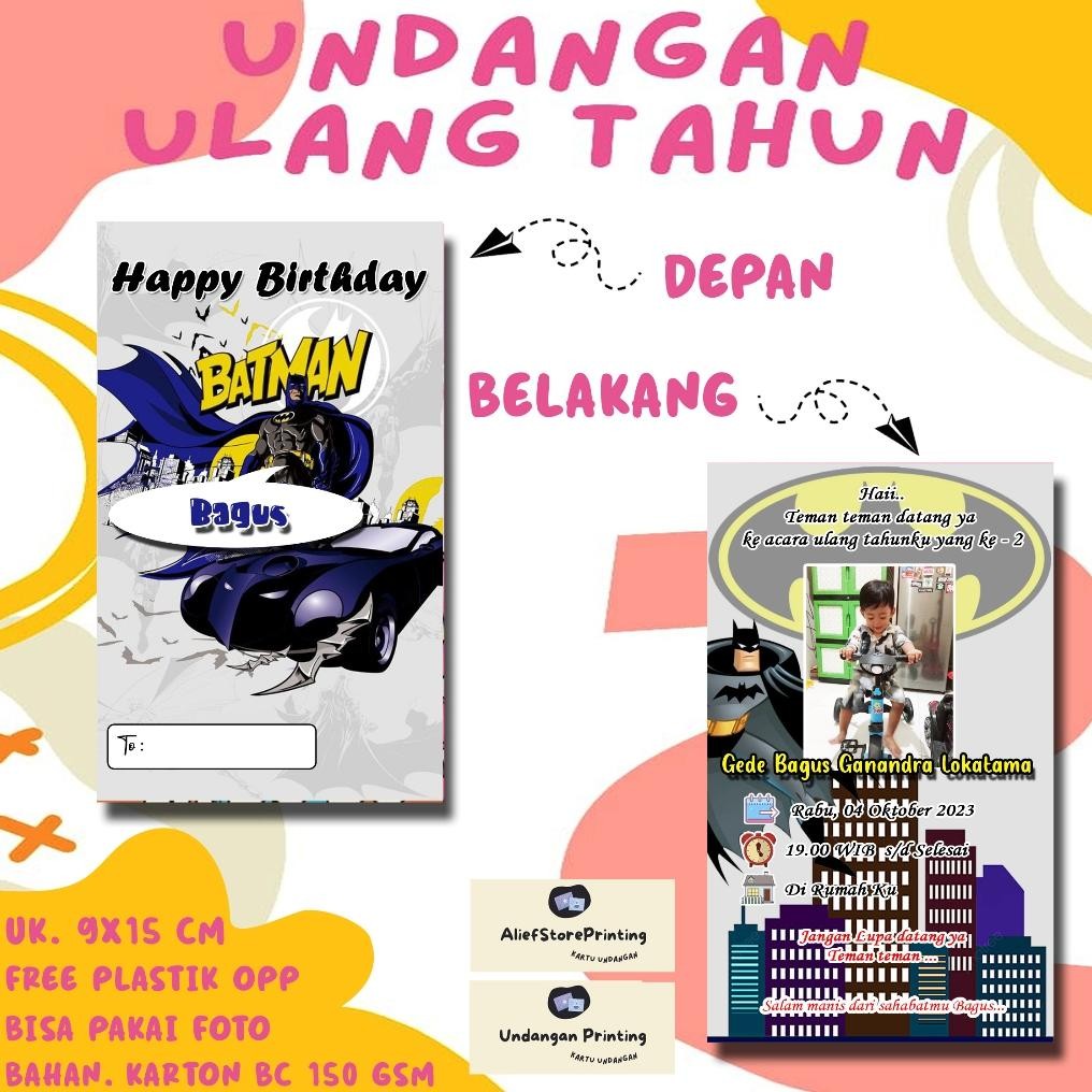 Undangan Karakter BATMAN ( 30 PCS / 50 PCS )ulang tahun / undangan ultah / undangan cetak / cetak un