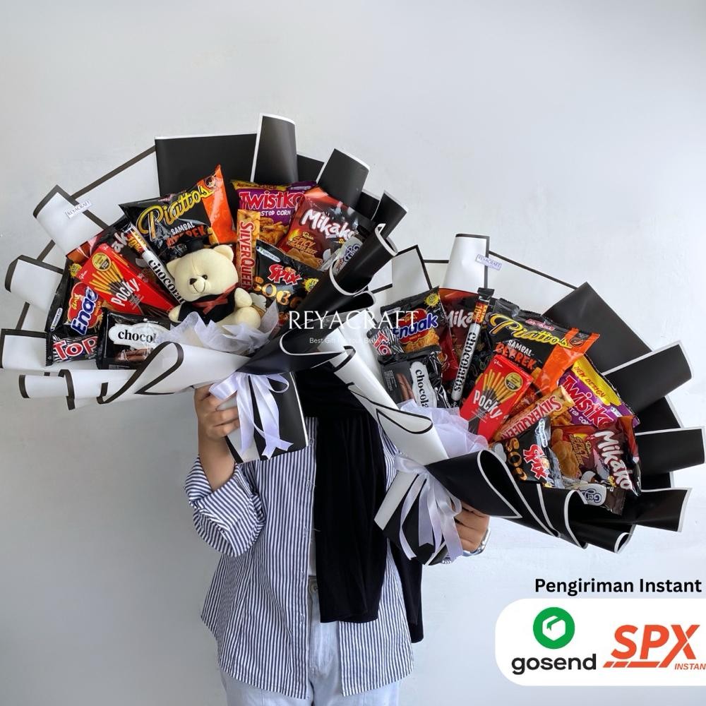 REYACRAFT Buket Snack Wisuda Hitam Putih | Buket Makanan | Buket Sempro | Buket untuk Cowok | Kado U